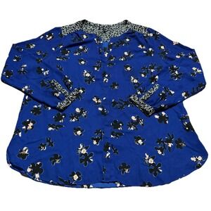 Not Your Daughters Jeans NYDJ Sz L Royal Blue Black Floral Long Sleeve Blouse